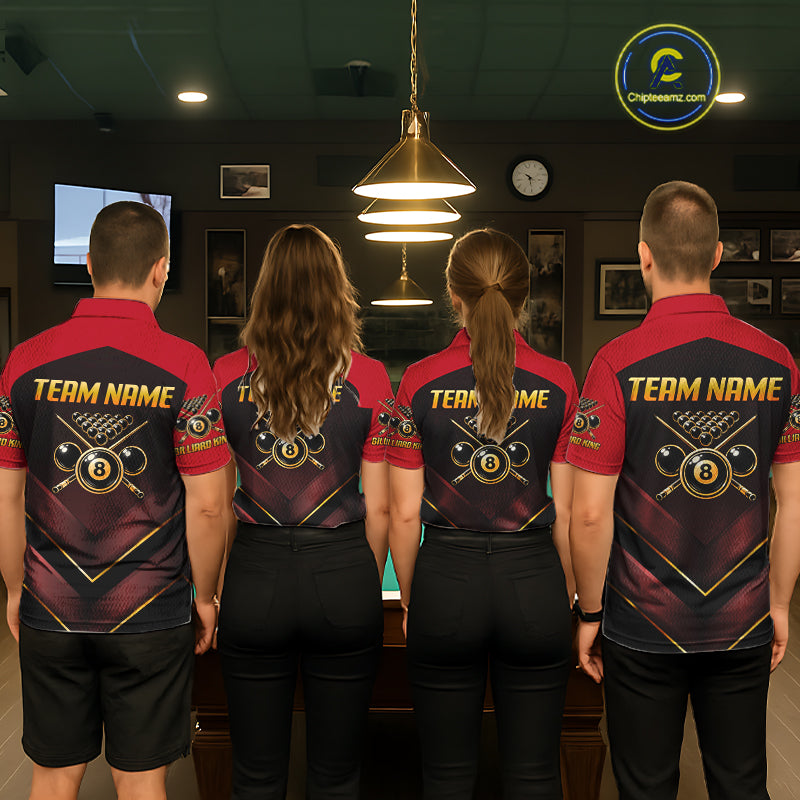 Custom Red Billiard Polo & Quarter-Zip Jerseys For Women Gold 8 Ball Pool Team Jersey NYN2314
