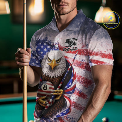 US Flag Grunge Eagle Pool 8 Ball & Cue Billiard Shirt For Men Custom Patriotic Billiard Attire NYN2588