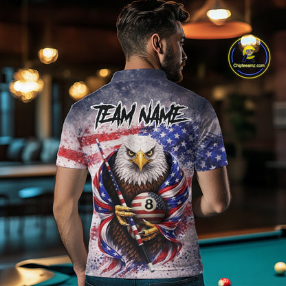 US Flag Grunge Eagle Pool 8 Ball & Cue Billiard Shirt For Men Custom Patriotic Billiard Attire NYN2588