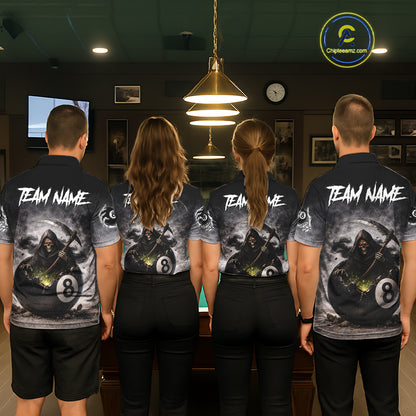 Grey Smoke Grim Reaper Cracked 8 Ball Pool Billiard Team Shirt Custom Billiard Jerseys For Men NYN2751