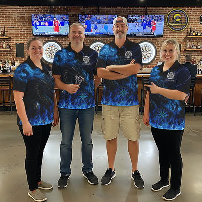 Personalized Women Dart Polo & Quarter-Zip Shirt Custom Name Team Blue Flaming Dragon Dart Jersey NYN3359