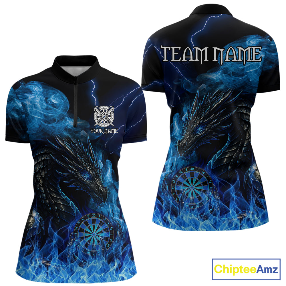 Personalized blue flaming dragon dart quarter zip shirt for women custom darts team jersey