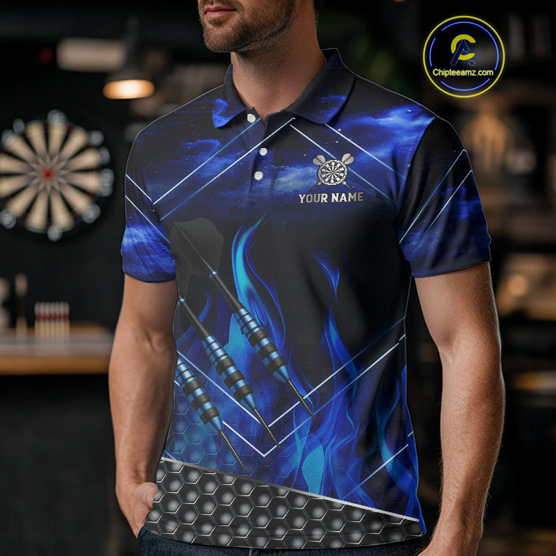 Flaming Dartboard & Dart Arrows Blue Darts Shirt For Men - Custom Name & Team Jersey NYN0668