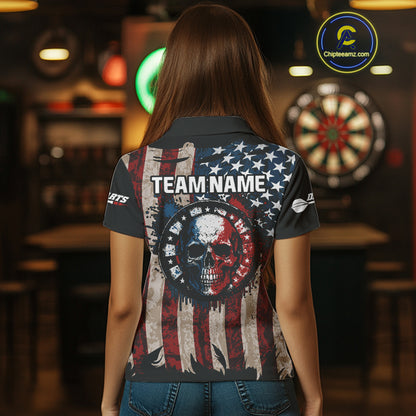 Colorful Skull Grunge Dartboard US Flag Dart Women Polo Shirt, Patriotic Dart Jerseys NYN1556