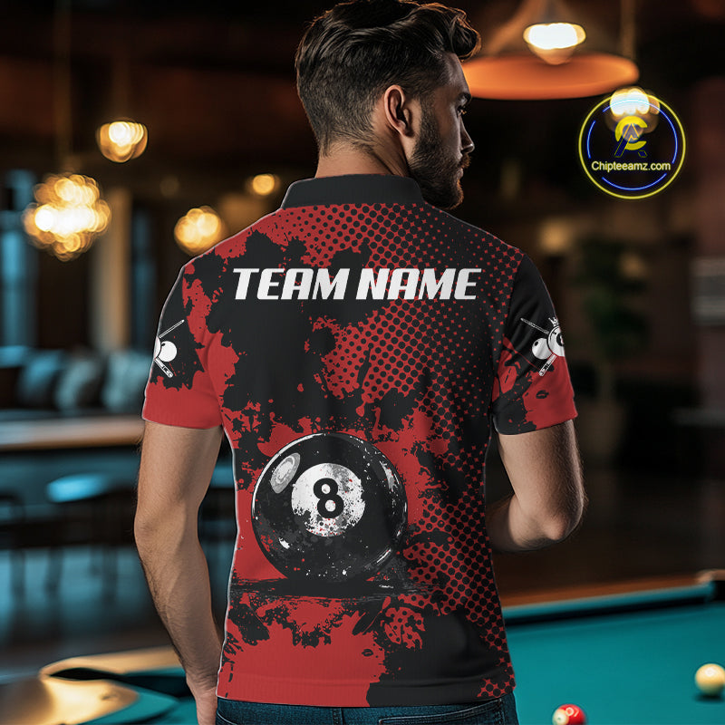Custom Red Grunge Ball Billiard Shirts For Men Personalized Ball 8 Billiard Attire Gifts NYN2328