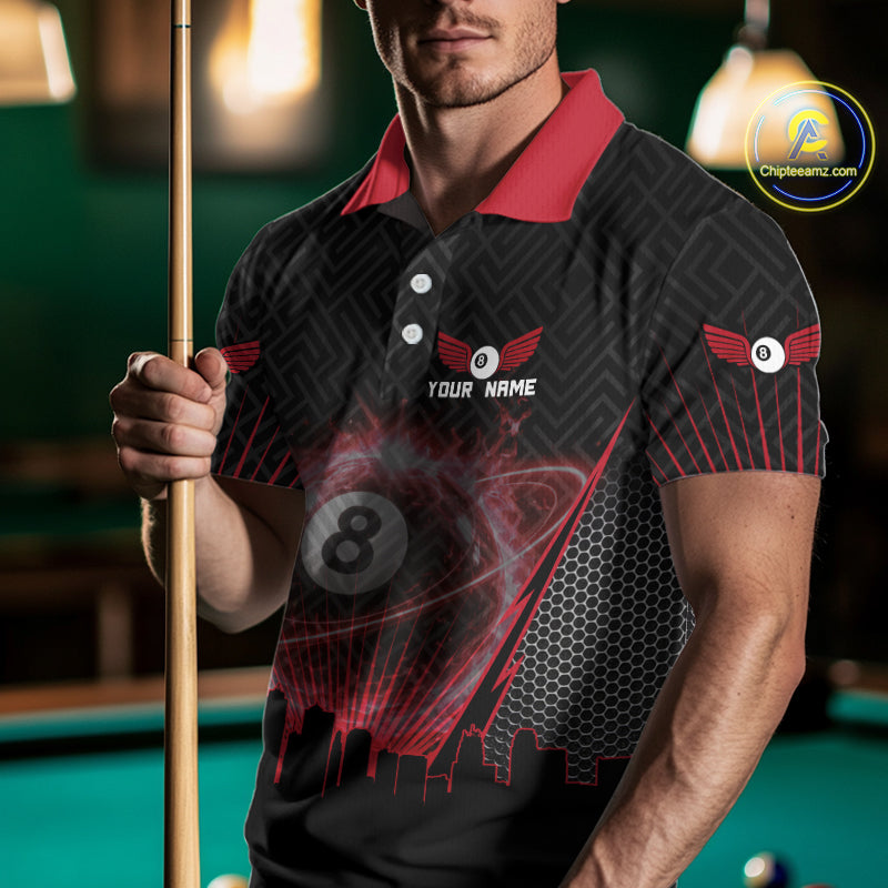 Black & Red Flaming 8 Ball Light Men's Billiard Shirts Personalized Billiard Team Attire NYN2329
