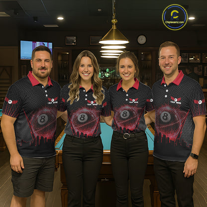 Black & Red Flaming 8 Ball Light Men's Billiard Shirts Personalized Billiard Team Attire NYN2329