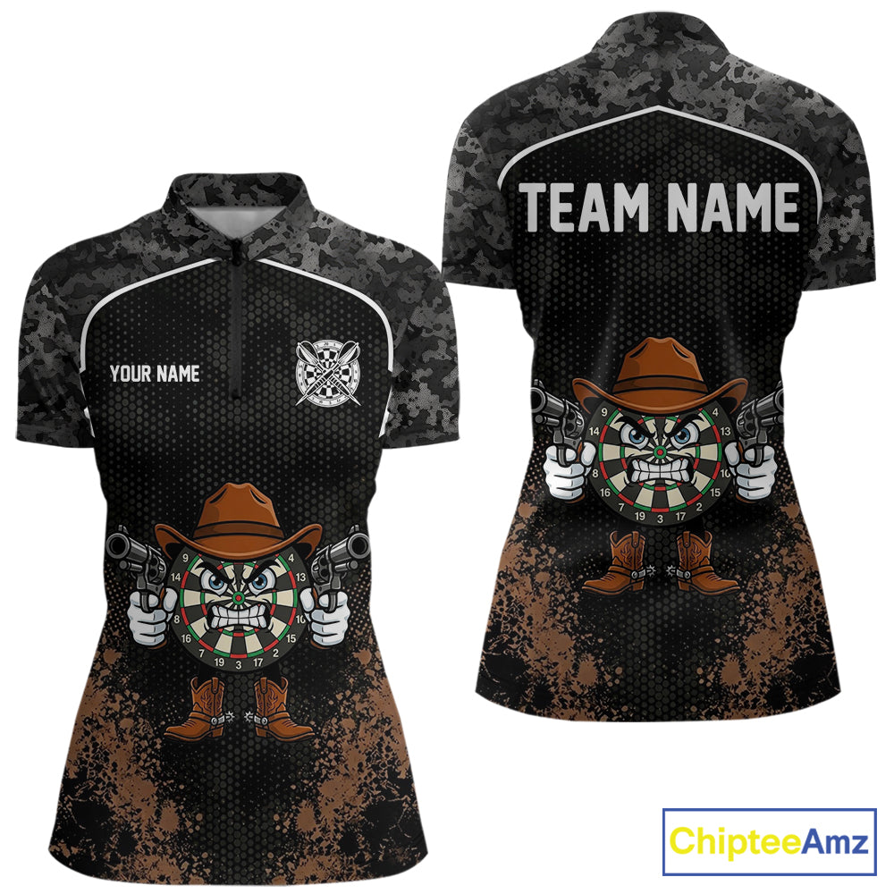 Grunge Brown Funny Dartboard Cowboy Gun Darts Shirt For Women Custom Camouflage Dart Team Jerseys NYN3163