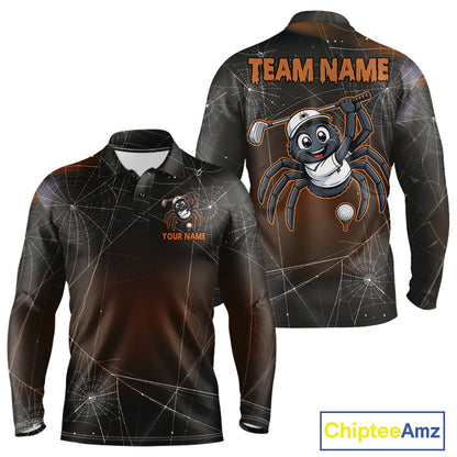 Funny Spider Halloween men's golf polo featuring spiderweb artwork, personalized golf team shirt, moisture-wicking performance golf apparel, Halloween golf tournament uniform