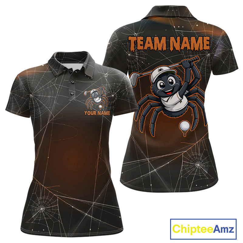 Funny Spider Halloween women's golf polo shirt featuring spiderweb artwork, custom golf team uniform, breathable performance polo, golf outing apparel, Halloween golf clothing, golf club tournament