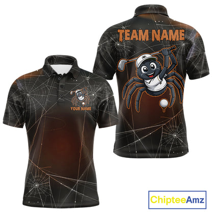 Funny Spider Halloween men's golf polo featuring spiderweb artwork, personalized golf team shirt, moisture-wicking performance golf apparel, Halloween golf tournament uniform