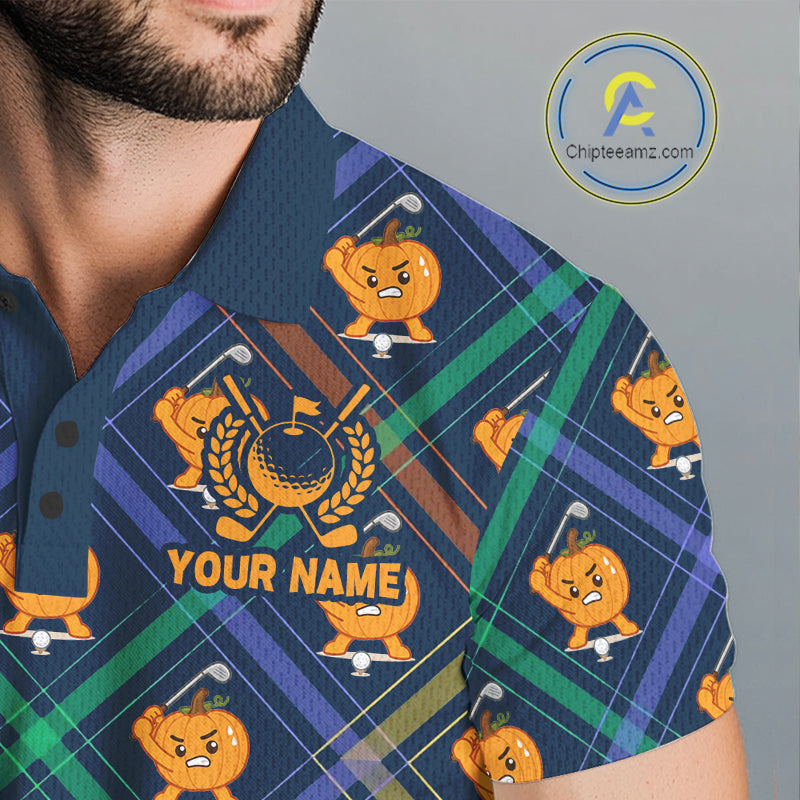 Male golfer wearing Plaid Pumpkin golf polo, golf club apparel, fall golf tournament clothing, personalized golf shirt