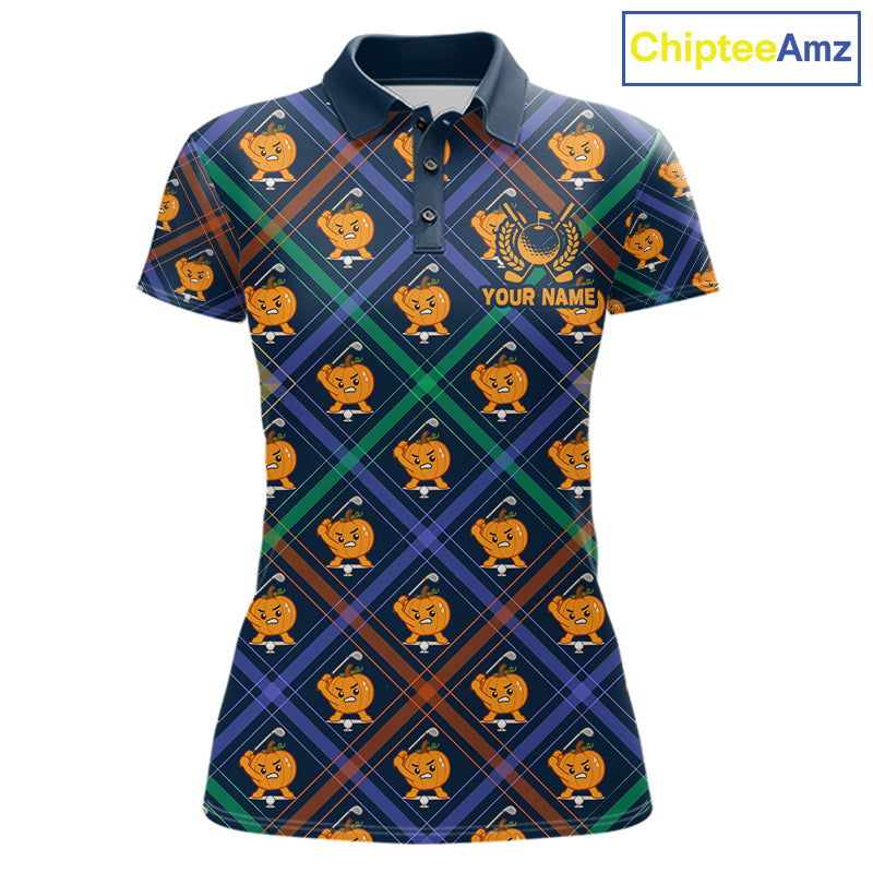 Plaid Pumpkin women's golf polo shirt featuring classic plaid design, custom golf apparel, fall golf fashion, golf team uniform
