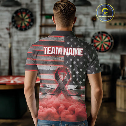 Red Cloud Ribbon US Flag Dart Arrow Custom Breast Cancer Awareness Darts Men Polo Shirt NYN1818