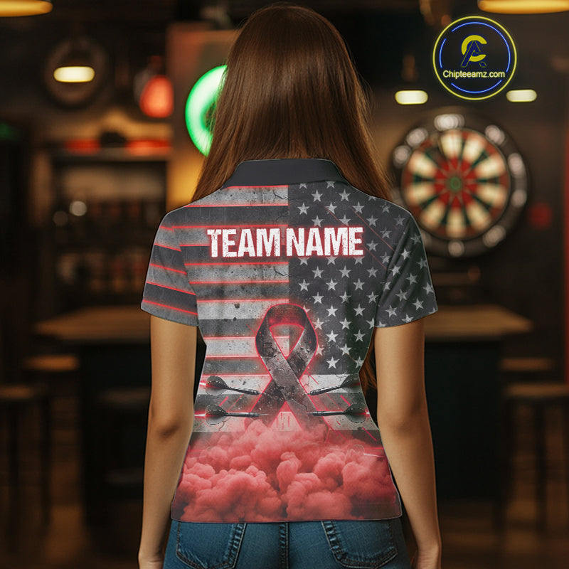 Red Cloud Ribbon US Flag Dart Arrow Custom Breast Cancer Awareness Darts Women Polo Shirt NYN1818