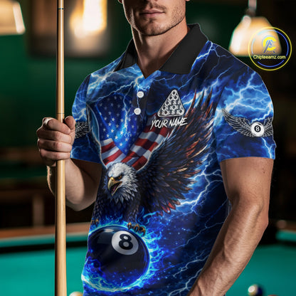 US Flag Eagle Thunder Blue Pool 8 Ball Men Billiard Shirt Custom Patriotic Billiard Team Attire NYN2604