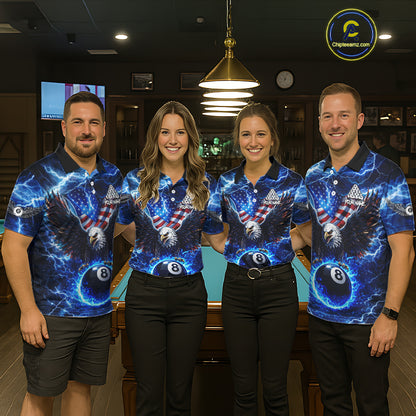 US Flag Eagle Thunder Blue Pool 8 Ball Men Billiard Shirt Custom Patriotic Billiard Team Attire NYN2604