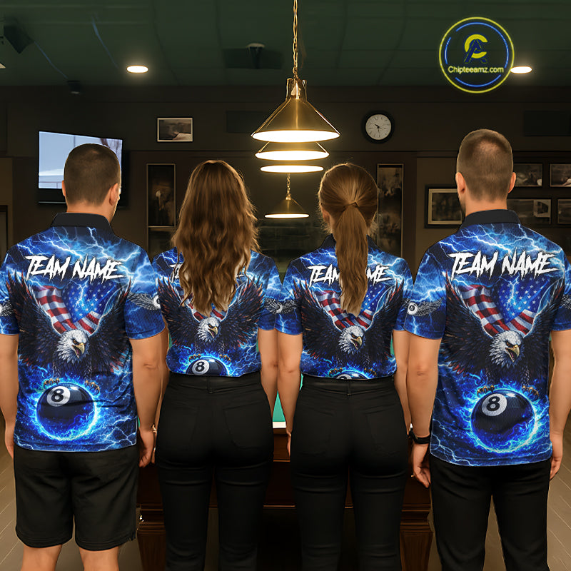 US Flag Eagle Thunder Blue Pool 8 Ball Men Billiard Shirt Custom Patriotic Billiard Team Attire NYN2604