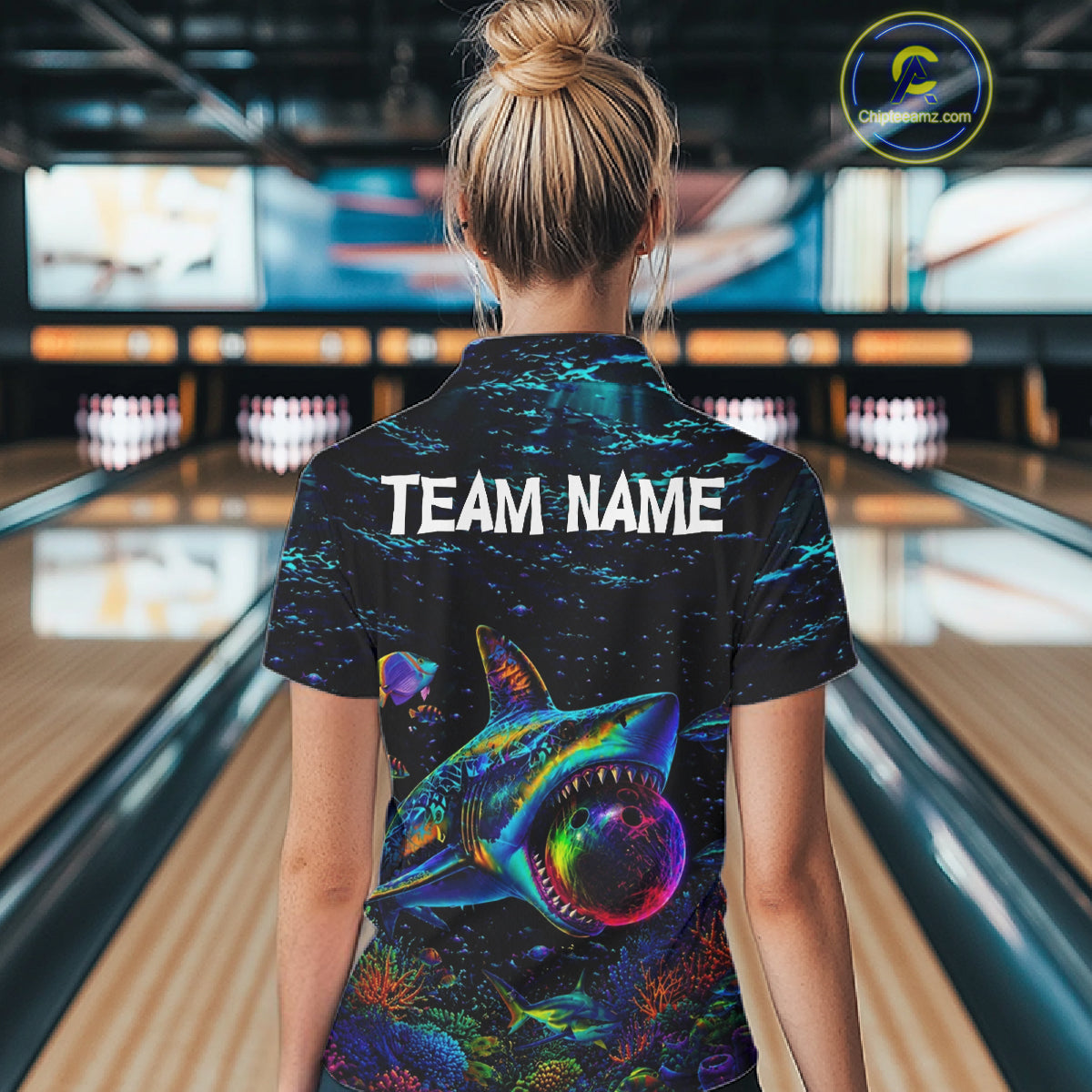 Funny Shark Ocean Neon Bowling  Jerseys For Women Custom Colorful Bowling Shirts Team Attire NYN3169