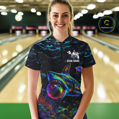Funny Shark Ocean Neon Bowling  Jerseys For Women Custom Colorful Bowling Shirts Team Attire NYN3169