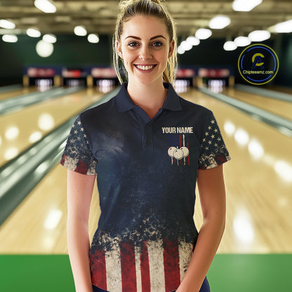 American Flag Grunge Bowling Team Jerseys For Women Custom Eagle Patriot Bowling Polo 1/4-Zip Shirt NYN3168