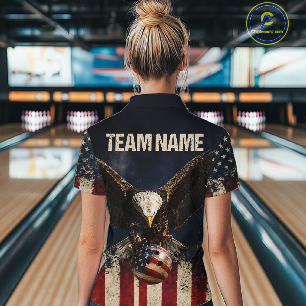 American Flag Grunge Bowling Team Jerseys For Women Custom Eagle Patriot Bowling Polo 1/4-Zip Shirt NYN3168