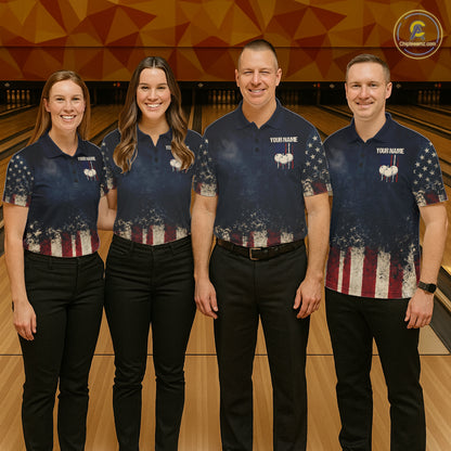 American Flag Grunge Bowling Team Jerseys For Men Custom Eagle Patriot Bowling Polo 1/4-Zip Shirt NYN3168