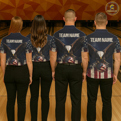 American Flag Grunge Bowling Team Jerseys For Men Custom Eagle Patriot Bowling Polo 1/4-Zip Shirt NYN3168