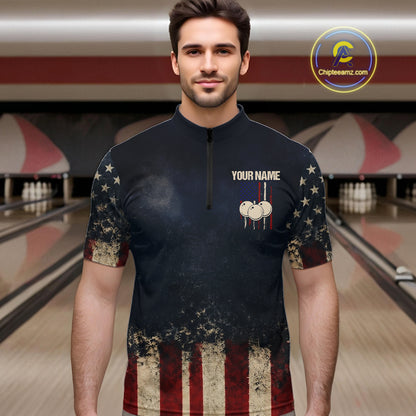 American Flag Grunge Bowling Team Jerseys For Men Custom Eagle Patriot Bowling Polo 1/4-Zip Shirt NYN3168