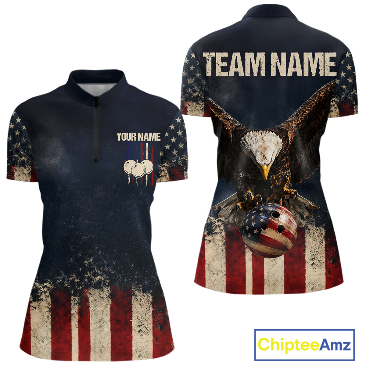 American Flag Grunge Bowling Team Jerseys For Women Custom Eagle Patriot Bowling Polo 1/4-Zip Shirt NYN3168