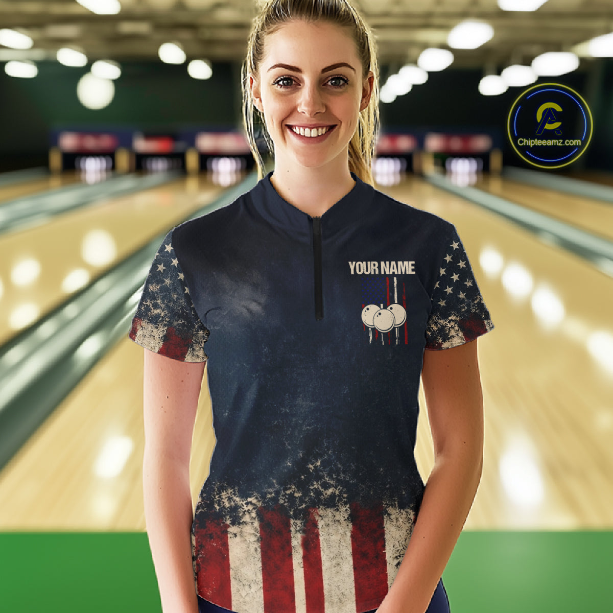 American Flag Grunge Bowling Team Jerseys For Women Custom Eagle Patriot Bowling Polo 1/4-Zip Shirt NYN3168