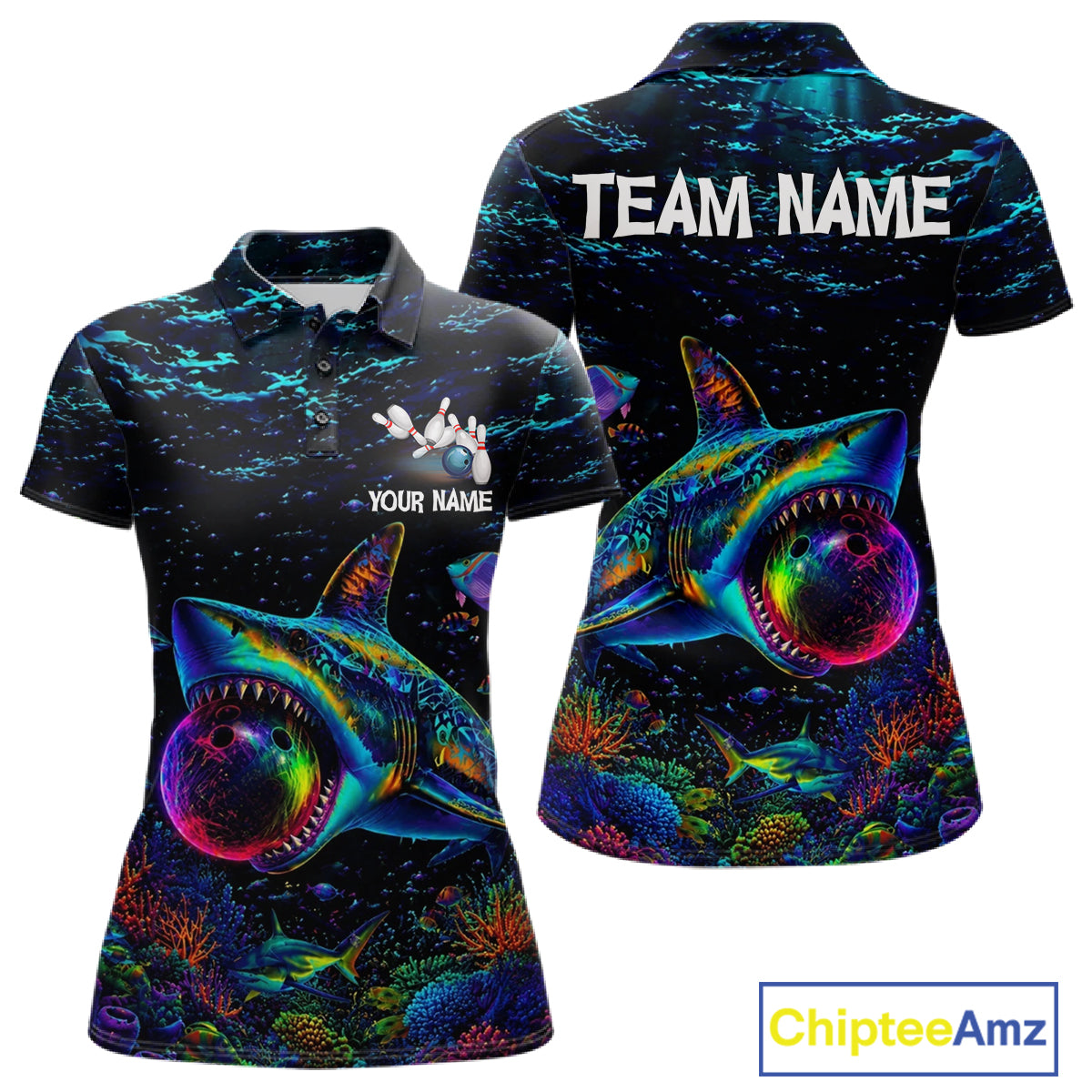 Funny Shark Ocean Neon Bowling  Jerseys For Women Custom Colorful Bowling Shirts Team Attire NYN3169