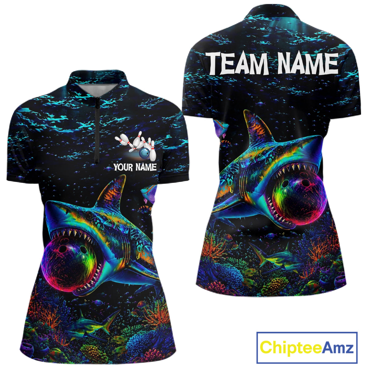 Funny Shark Ocean Neon Bowling  Jerseys For Women Custom Colorful Bowling Shirts Team Attire NYN3169
