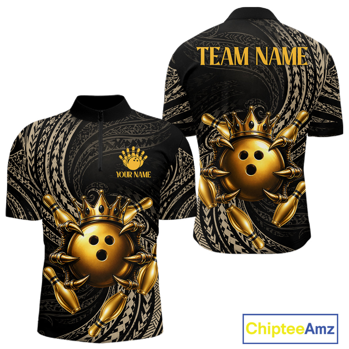 Black And Gold Crown Bowling Ball & Pin Jerseys For Men Custom Claws Skull Bowling Team Attire NYN3170