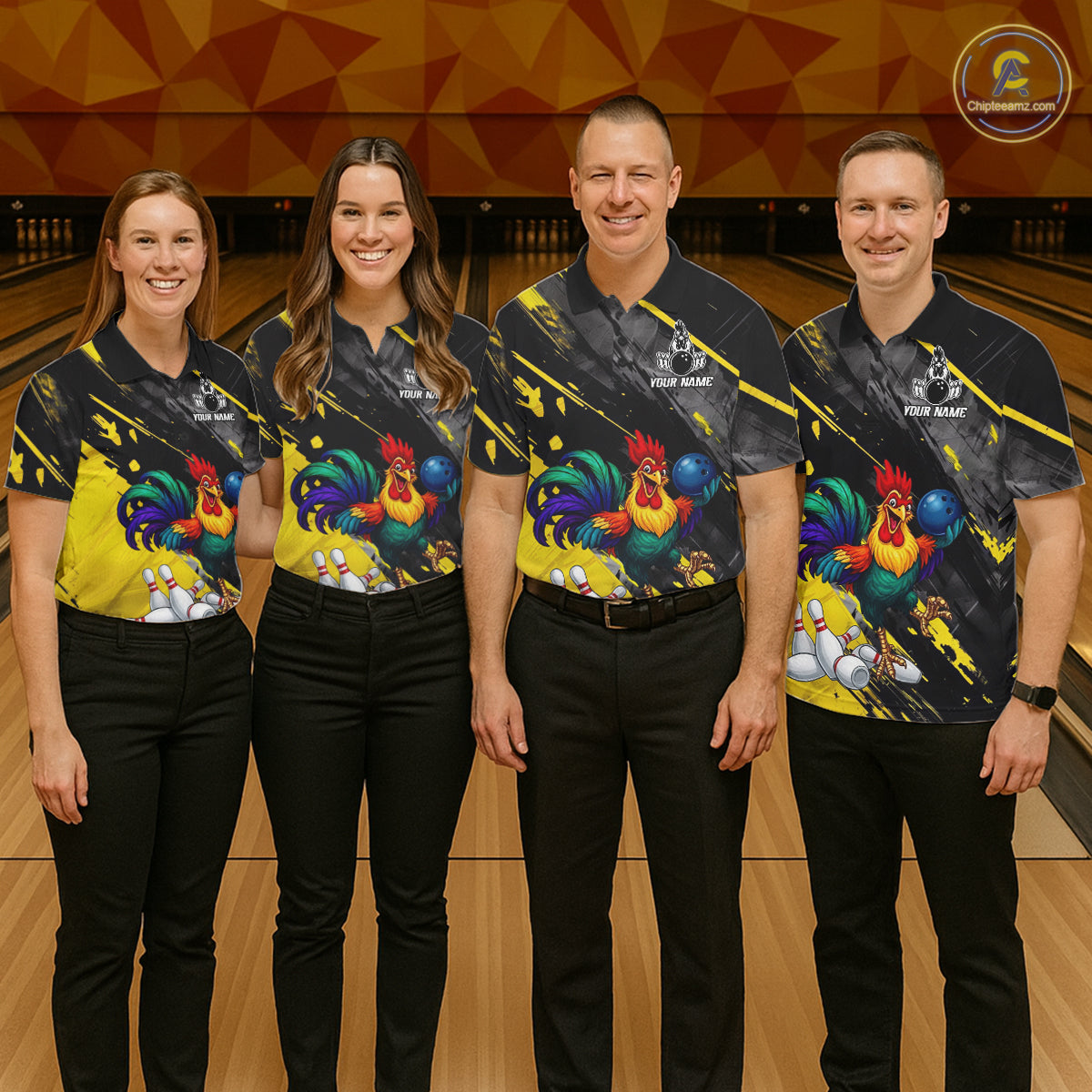 Personalized Colorful Funny Rooster Bowling Shirt For Men Yellow Grunge Bowling Team Jersey NYN3174
