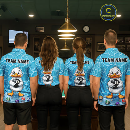 Pool team wearing matching Blue Wet Duck billiard jerseys, personalized league uniforms, outdoor fun, waterfowl lovers, bowling, darts & pickleball crossover