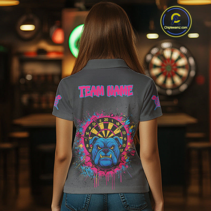 Custom Funny Bulldog Colorful Dartboard Darts Polo Shirt For Women Splatter Dart Jerseys NYN1826