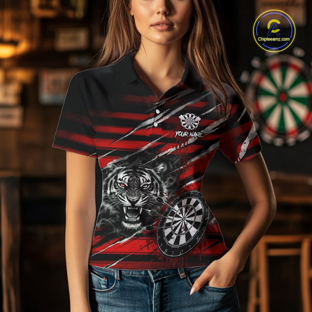 Red Grunge Grey Smoke Tiger Dartboard Custom Dart Polo Shirt Women Dart League Jerseys NYN2087