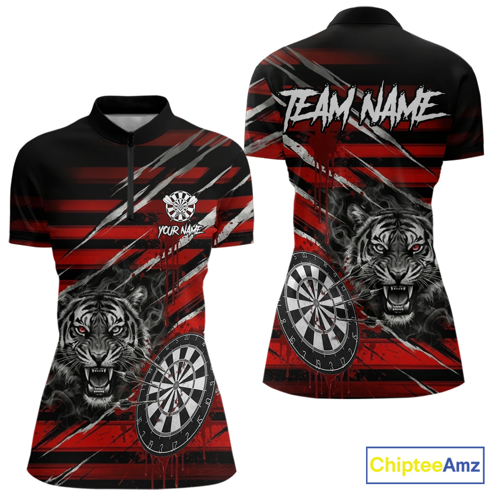 Red Grunge Grey Smoke Tiger Dartboard Custom Dart Quarter-Zip Shirt Women Dart League Jerseys NYN2087