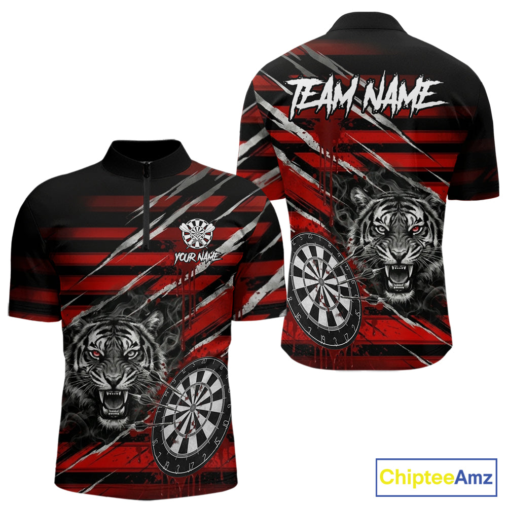Red Grunge Grey Smoke Tiger Dartboard Custom Dart Quarter-Zip Shirt Men Dart League Jerseys NYN2087