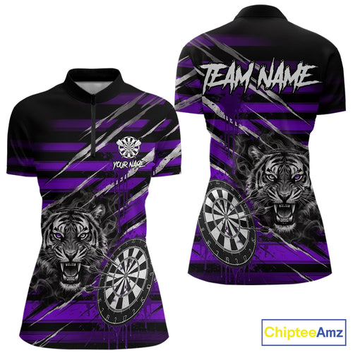 Purple Grunge Grey Smoke Tiger Dartboard Custom Dart Quarter-Zip Shirt Women Dart League Jerseys NYN2088