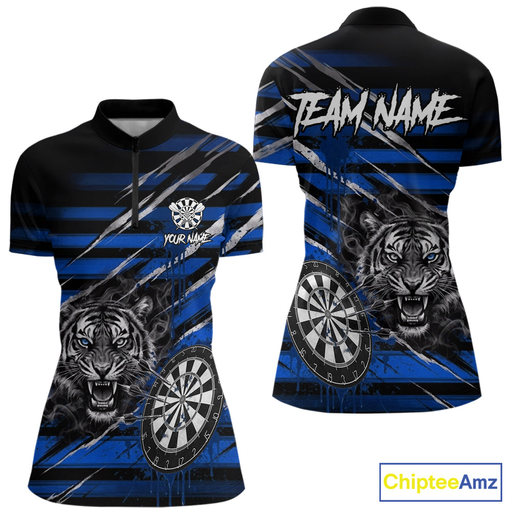 Blue Grunge Grey Smoke Tiger Dartboard Custom Dart Quarter-Zip Shirt Women Dart League Jerseys NYN2089