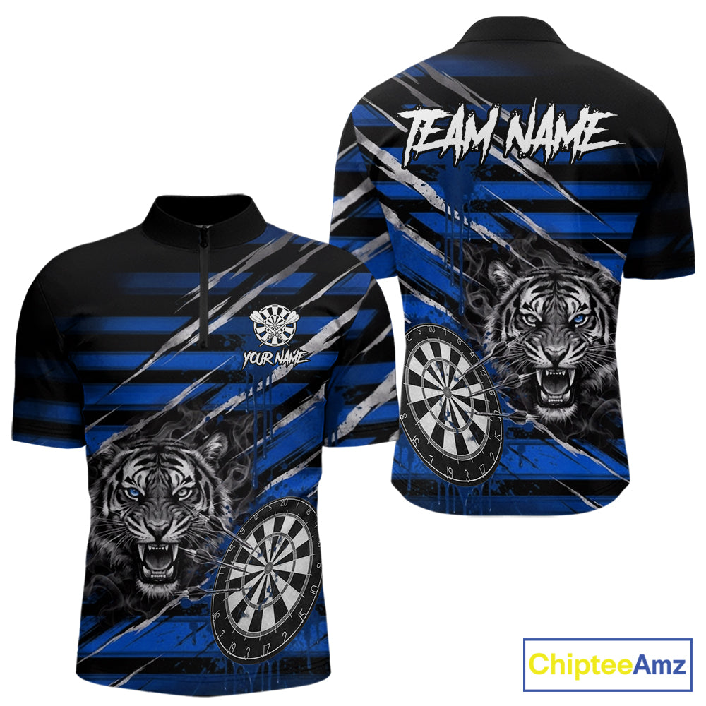 Blue Grunge Grey Smoke Tiger Dartboard Custom Dart Quarter-Zip Shirt Men Dart League Jerseys NYN2089