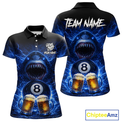 Blue Funny Lightning Shark Cheer Beers Pool 8 Ball Women Billiard Shirt Custom Ball Billiard Attire NYN2613