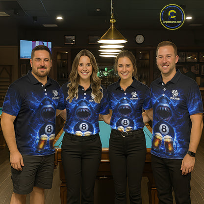 Blue Funny Lightning Shark Cheer Beers Pool 8 Ball Women Billiard Shirt Custom Ball Billiard Attire NYN2613