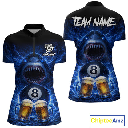 Blue Funny Lightning Shark Cheer Beers Pool 8 Ball Women Billiard Shirt Custom Ball Billiard Attire NYN2613