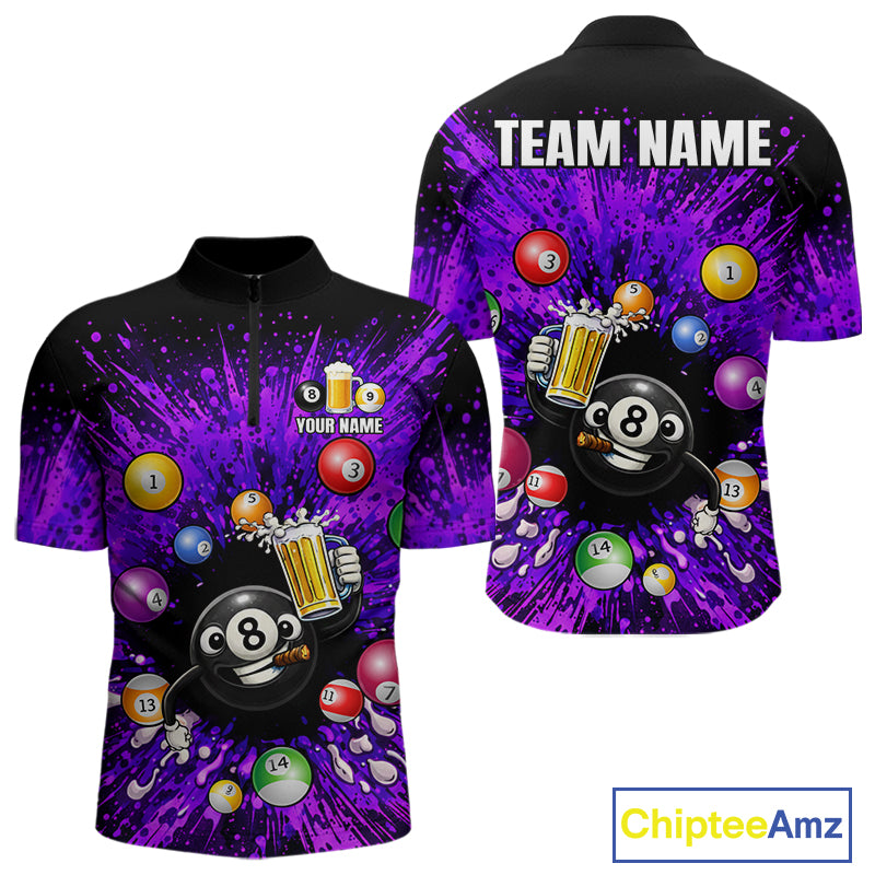 Purple Splatter Paint Pool 8 Ball Billiard Shirt For Men Custom Funny Beer 8 Ball Billiard Attire NYN2615