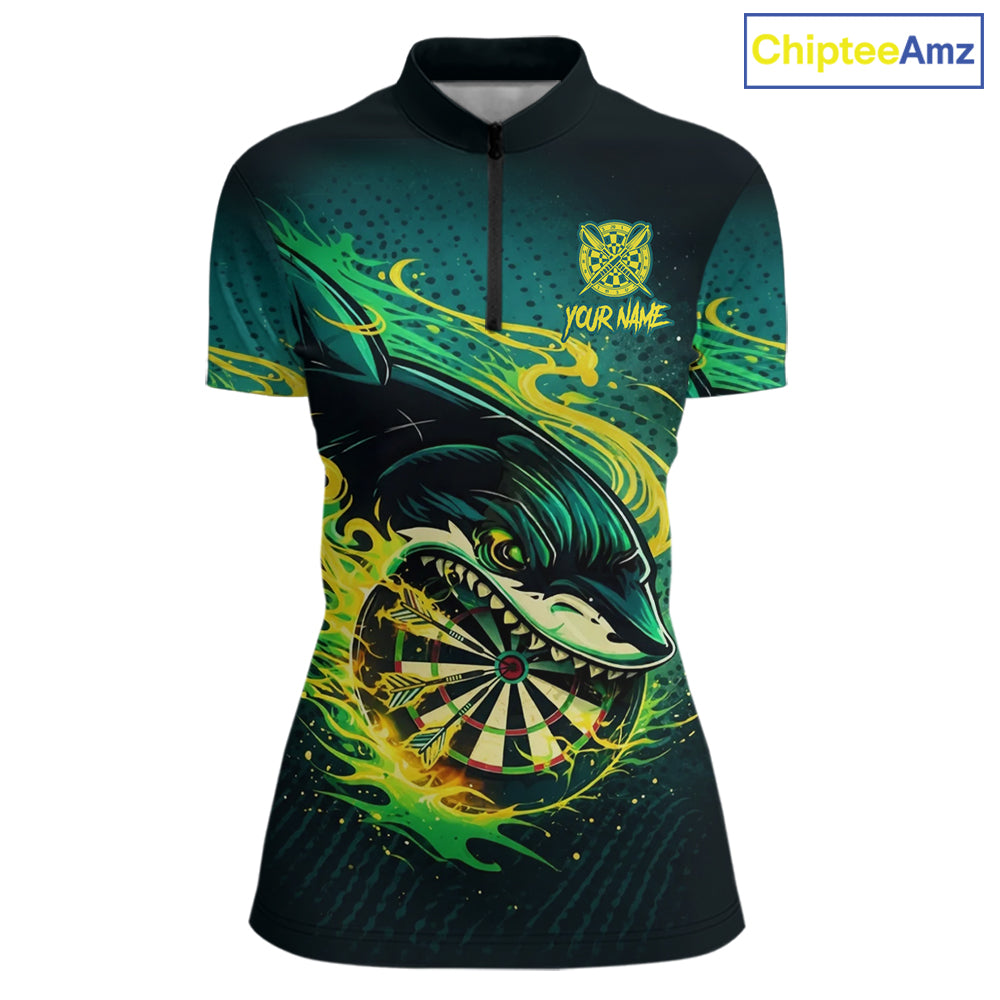 Green Splatter Paint Shark Dartboard & Arrow Women Darts Quarter-Zip Shirt Custom Darts Team Jersey NYN2616
