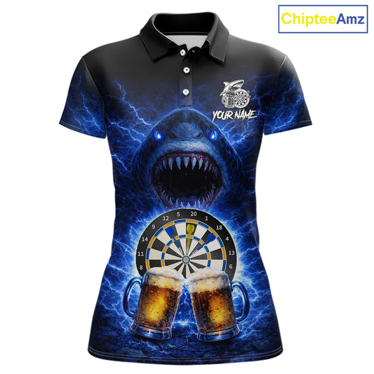 Blue Horror Shark Cheer Beer & Dartboard Women Darts Polo Shirt Custom Funny Dart Team Jersey NYN2617