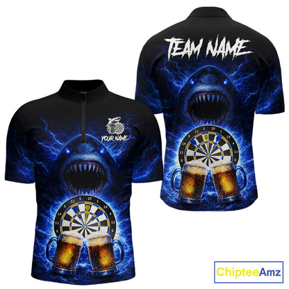 Blue Horror Shark Cheer Beer & Dartboard Men Darts Quarter-Zip Shirt Custom Funny Dart Team Jersey NYN2617